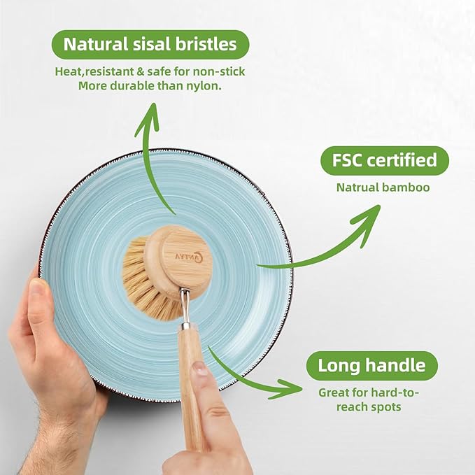 Eco-Friendly Kitchen Brush Set, Bamboo Dish Brush with Handle 3 Replacement Heads, Vegetable Scrubber Natural Sisal Fiber for Effective Cleaning Non-Stick Pans, Pots, Utensils