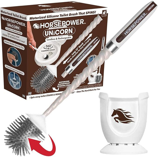 Horsepower Unicorn, AS-SEEN-ON-TV, Motorized Toilet Brush, Powerful Spinning Action, 360 Degree Cleaning Power, Flexible Silicone Bristles, Eliminate Stains & Residue, No Scrubbing, Rechargeable