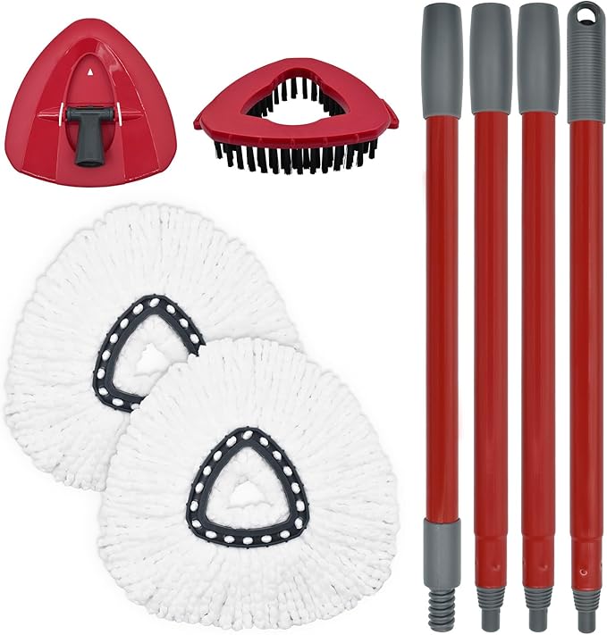 Mop Replace Head Mop Handle for O Cedar Mop, Mop Replacement for Ocedar Spin Mop Includes 2 Mop Heads Replacements 4-Section Mop Handle 1 Mop Base 1 Scrubber Mop Head for O-Cedar Spin Mop