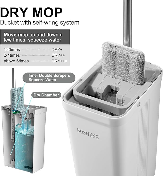 Mop and Bucket with Wringer Set, Flat Floor Mop and Bucket, with 2 Mops and 4 Microfiber Cleaning Cloths for Floor Cleaning, Wet and Dry Use for Household Cleaning