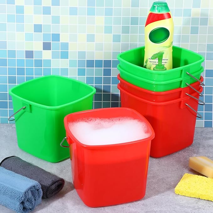 6 Pcs 3 Quart Cleaning Bucket Small Square Bucket Detergent Pail for Home Commercial Restaurant Kitchen Office School (Green, Red)