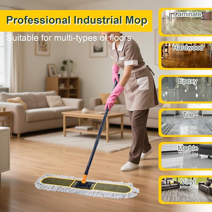 24" Commercial Dust Mops for Floor Cleaning with 2 Replacement Mop Pads, Heavy Duty Large Dust Mop for Hardwood Floors, Industrial Wet Dry Floor Duster for Office Garage Warehouse Factory Mall