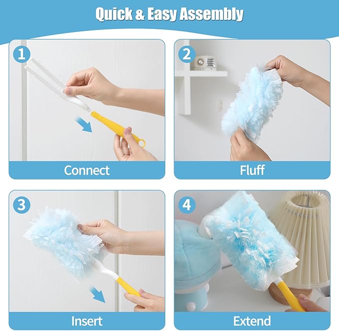 40 Count 360° Heavy Duty Duster Refills Compatible with Swiffer, Large Size-Extra Thick Disposable Electrostatic Duster Refill with 1 Short Handle for Furniture, Blinds, Ceiling Fans(Blue)