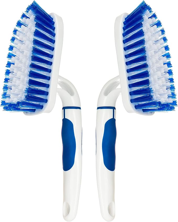 2-Pack Scrub Brush for Cleaning with Long Handle,Medium Firm Brush Bathroom Cleaning Supplies and Bathtub Cleaner and Shower Cleaning Brush,Multi-Scene Use for Kitchen or Carpet Brush,White&Blue