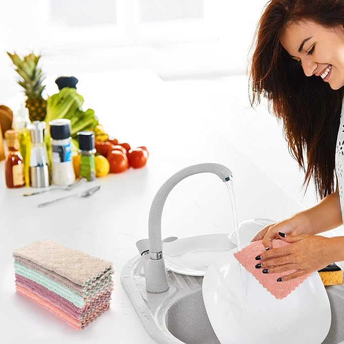 Cleaning Cloths Kitchen Towels Microfiber Washcloths Lint Free Dish Cloth Reusable Dishtowels Household Super Absorbent Fast Drying, 10"x10", Pack of 5 (Pink-Grey)