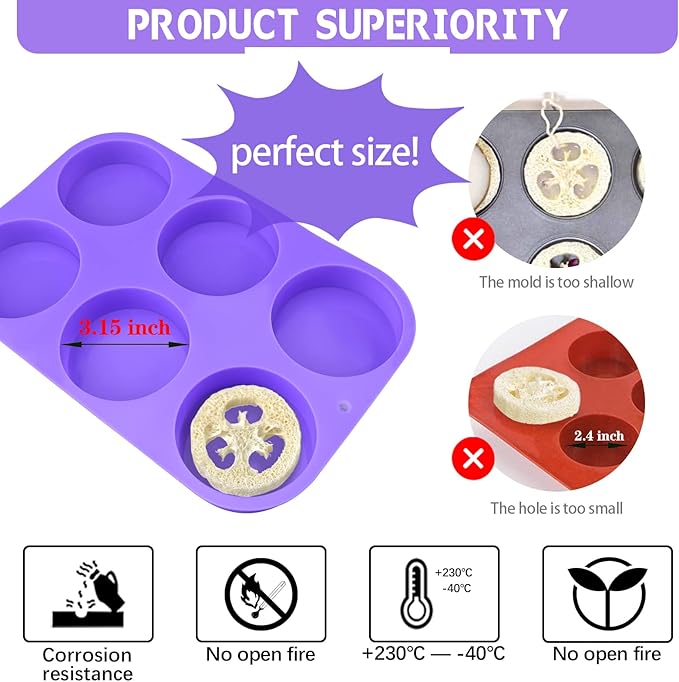 Moukiween Big Round Silicone Soap Molds, 3 Inch Cylinder Silicone Mold for Loofah Soap Making, Shower Steamer, Bath Bombs, Lotion Bars (Set of 2)