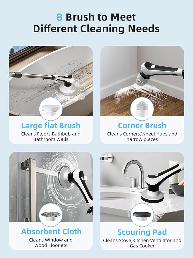 Electric Spin Scrubber,Cordless Shower Scrubber with Power Display Screen,IP68 Waterproof Bath Cleaning Brush,Adjustable Extension Handle & 2 Speeds,Electric Cleaning Brush for Bathroom,Kitchen,Tub