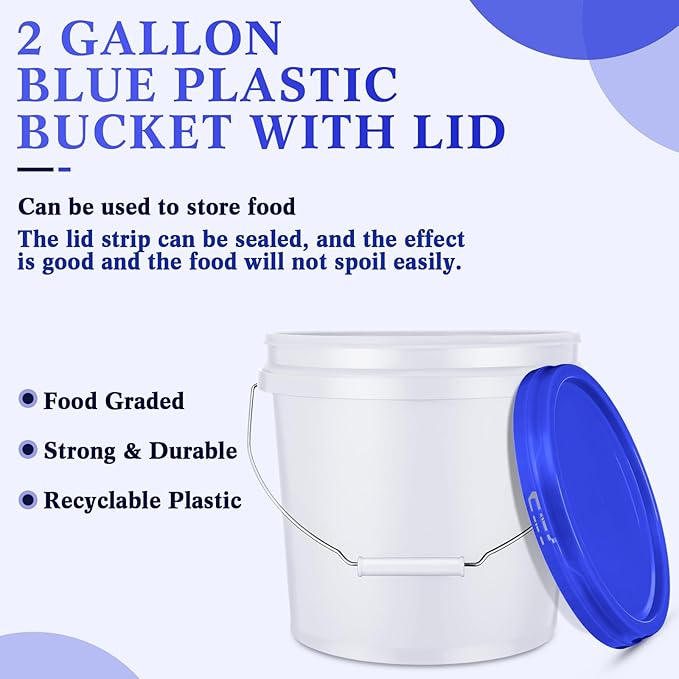 6 Pack 2 Gallon Plastic Bucket with Lid Heavy Duty Pail with Metal Handle Reusable Small Multipurpose Paint Buckets Container for Food Storage(White)