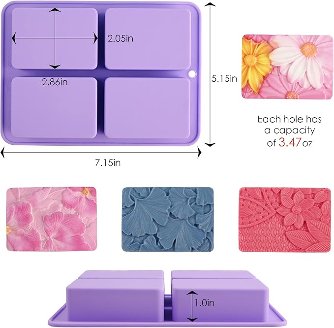 Moukiween Soap Molds Silicone, 3D Rectangular Flower Pattern Silicone Molds for Handmade Craft Soap, Bath Bombs, Chocolate Bars, DIY Candle, Polymer Clay Design
