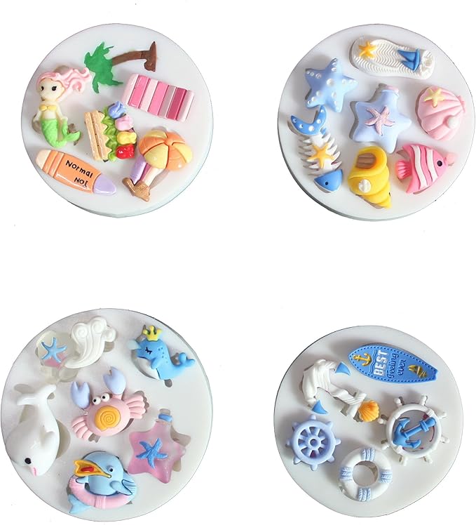 Lovely Small Items Silicone Fondant Molds Set For Cake Topper, Gumpaste, Candy & Chocolate, Polymer Clay and More (Sea life & Beach)