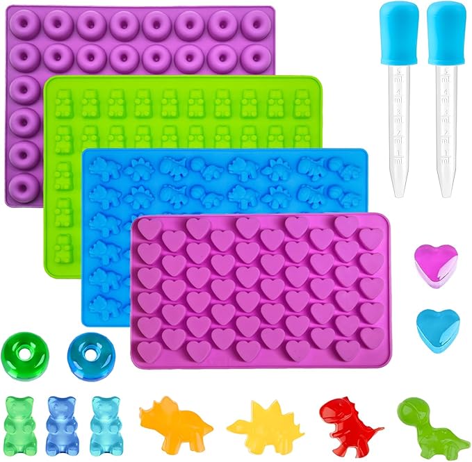 Gummy Candy Molds - Silicone Gummy Dinosaur/Donut/Small Hearts Shapes/Bear Mold for Kids with 2pcs Dropper,Non-stick and Bpa Free for Mini Candy Chocolate Gummies Baking