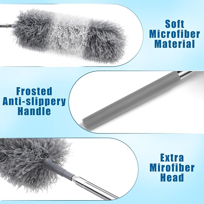 Tanlade 12 Pcs Microfiber Feather Duster for Cleaning 13-31 Inch Extendable Cobweb Dusters Ceiling Fan Duster Washable Bendable Tool for Office Car Window Furniture (Gray White)