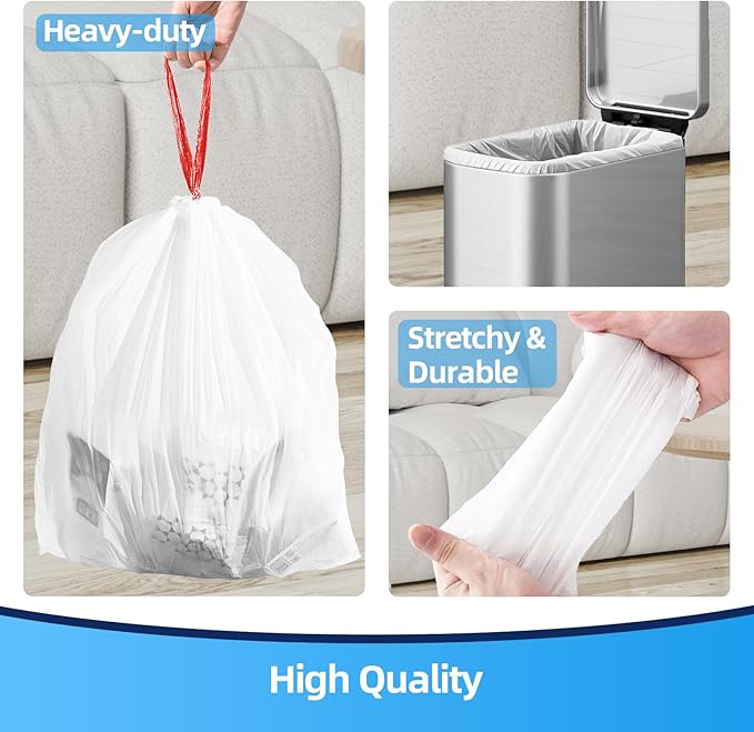 KUK 1.6 Gallon Drawstring Trash Bags - 60 Count White Small Garbage Bags, Unscented Strong Plastic Waste Basket Liners for Home/Office/Car, Fits 4.5-8 Liter Bins, 6 Rolls with Tear-Free Design