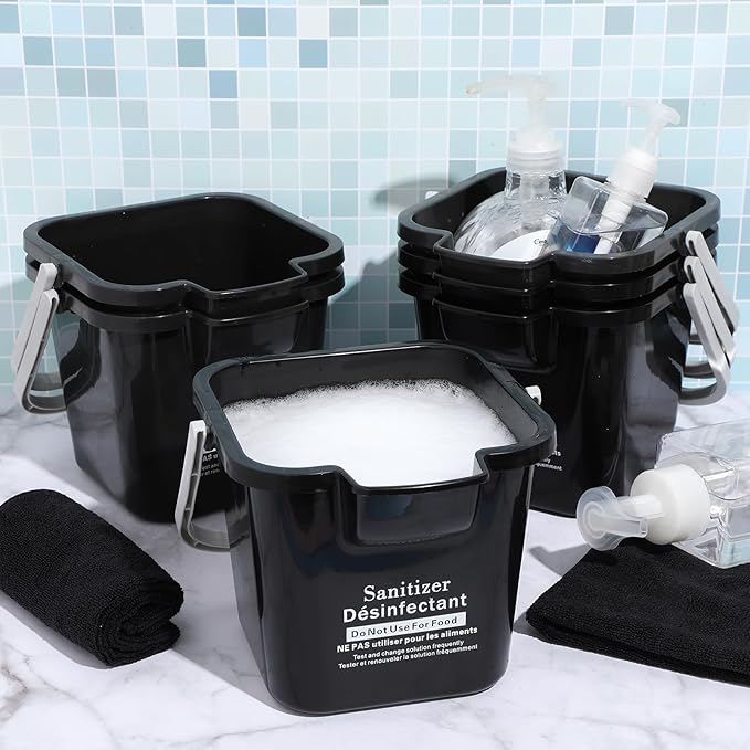 Vesici 6 Sets 3 Quart Cleaning Bucket with Microfiber Cleaning Cloths Small Sanitizing Square Bucket Detergent Plastic Utility Pail with Handle for Household Restaurant Office School Use (Black)