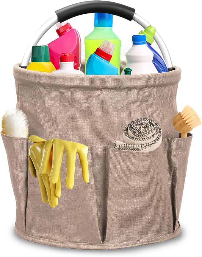 Cleaning Caddy with Handle, 17L Cleaning Supply Caddy Foldable Bucket Organizer Cleaning Products Organizers Cleaning Tools Bag 4.5 Gallon (Khaki)