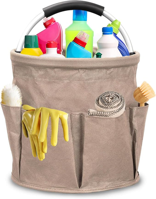 Cleaning Caddy with Handle, 17L Cleaning Supply Caddy Foldable Bucket Organizer Cleaning Products Organizers Cleaning Tools Bag 4.5 Gallon (Khaki)