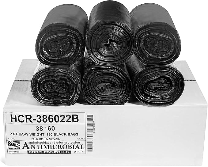 Aluf Plastics - 55-60 Gallon Black Trash Bags - 38" x 60" - 22 Microns Thick High Density Value Garbage Bags for Bathroom, Office, Industrial, Commercial - (1 Pallet of 70 Cases, 10500 Bags Total)