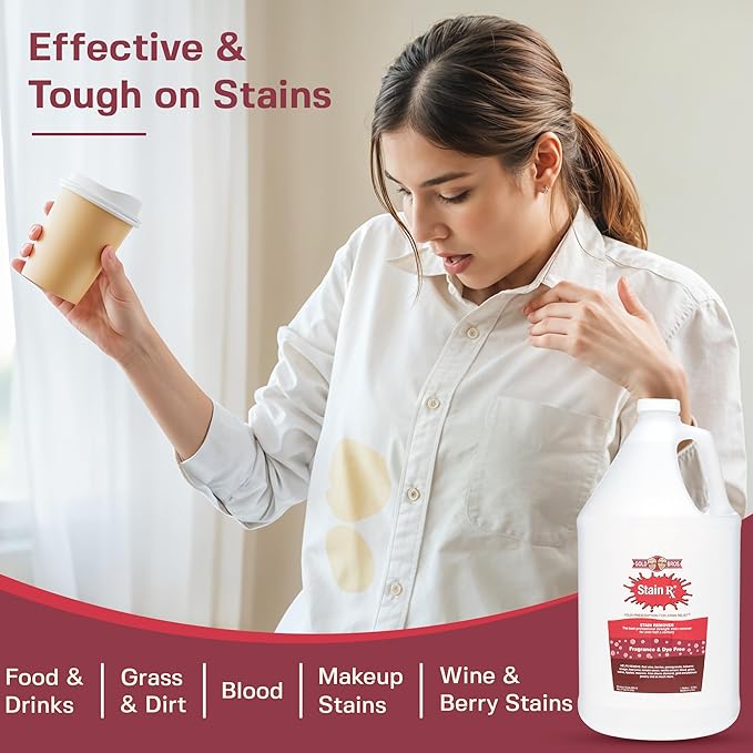 Stain Remover, Effectively Eliminates Stains from Wine, Berries & Blood on Colorfast Fabrics, Carpets, Upholstery & Jewelry, Fragrance Bleach & Dye-Free, Peroxides & Phosphates, 1 Gallon