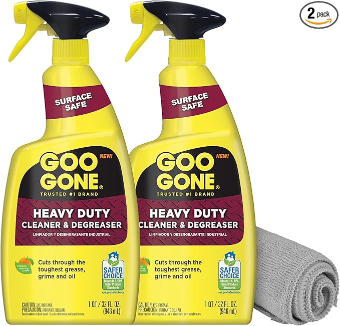 Goo Gone Heavy Duty Cleaner & Degreaser Spray With Microfiber Cleaning Towel – Cuts Through Tough Grease, Oil & Grime - 32 Oz (2 Pack + Towel)