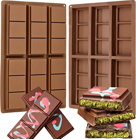 Silicone Chocolate Bar Molds, 2 Packs Square Chocolate Mold Non Stick for Dubai Pistachio Knafeh Thick Stuffed Candy, Break Apart 6 Cavities Deep Chocolate Molds