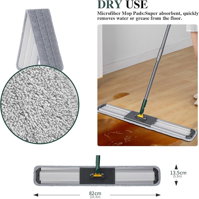 36" Commercial Mop, Masthome Heavy Duty Industrial Mop for Floor Cleaning,Commercial Dust Mop with 3 Reusable Pads,60”Long Handle Wet Dry Flat Mops for Hardwood Floors, Marble, Laminate, Tile(Green)
