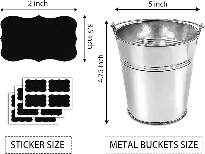 Set of 6 Pcs Galvanized Metal Buckets with Chalkboard Stickers and 5.5" Mini Plastic Kitchen Scoops,5 Inch Tin Buckets, Small Galvanized Pail for Backyard Decoration,Garden Planters.
