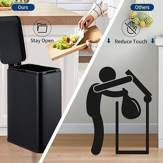 Garvee 13 Gallon Kitchen Trash Can, Stainless Steel Step Garbage Bin with Soft-Close Lid & Removable Bucket, Fingerprint Proof, Slim for Narrow Spaces, Bathroom or Office (Black+Silver, 13 Gallon)