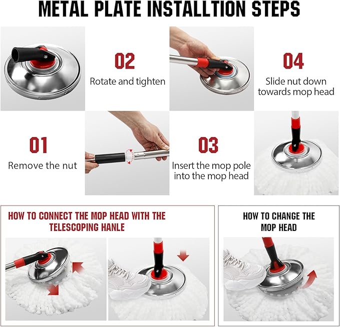 Spin Mop and Bucket with Wringer Set, 360° Spinning Mop Bucket System with 3 Microfiber Mop Replacement Heads and 51" Stainless Steel Adjustable Handle for Floor Cleaning (15QT)