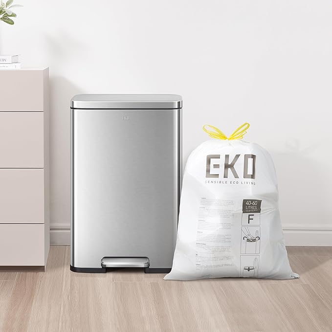 EKO 13 Gallon / 40-60 Liter,110 Count Drawstring Trash Bags, Extra-Strong Unscented Garbage Bags, Easy-Dispense Roll for Kitchen & Household Use, Resists Tears, Leaks and Punctures, Code F, White