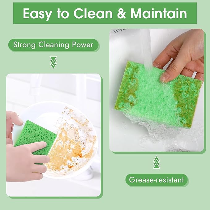 12 PCS Dish Sponges Kitchen, Non Scratch Cleaning Sponge for Non Stick Cookware, Natural Compressed Cellulose Wash Scrub for Household Bathroom, Soft Washing Scrubbers (Green)