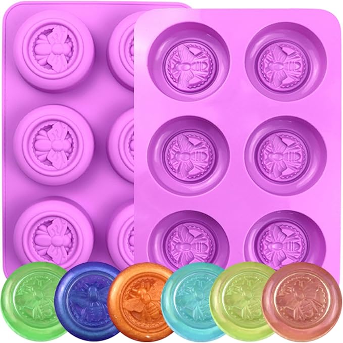 2 Pack Silicone Soap Molds, 3D 6-Cavity Round Bee Silicone Molds Homemade Soaps, Lotion Bar, Jello, Bath Bomb, Beeswax, Resin, Candle, Chocolate and Dessert (Purple)