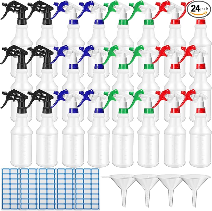 Zubebe 24 Pack 32 oz Plastic Spray Bottle Bulk Empty Leakproof Heavy Duty Spray Bottles for Cleaning Supplies Mist Bottles with Label and Adjustable Nozzle for Plant(Multicolor B,Clear Scale)