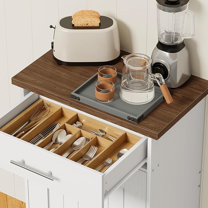 HOOBRO 10 Gallon Tilt Out Trash Cabinet, Kitchen Trash Can,Trash Bin Storage, with Flip Door and Large Drawer, Hidden Laundry Hamper Cabinet, for Kitchen, Laundry, White and Walnut WH02LJ01