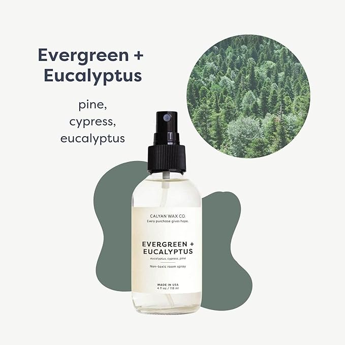 Calyan Wax Co. Non Toxic Room Spray, Evergreen + Eucalyptus Air Freshener, Non Aerosol Natural Room Mist, Aromatherapy Spray with Essential Oils, 4fl oz