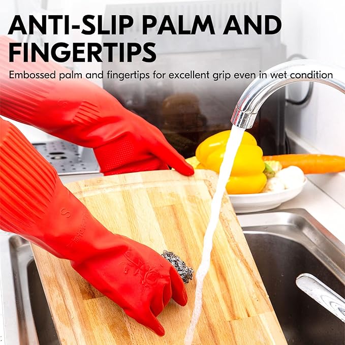 Vgo... 1-Pair Dishwashing Gloves, Reusable Household Gloves, Kitchen Gloves, Long Sleeve, Thick Latex, Cleaning, Washing, Working, Painting, Gardening, Pet Care (Size M,Red, RB2143)