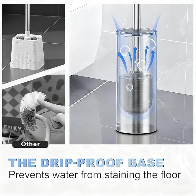 Toilet Brush and Holder Set, NEWRAIN Stainless Steel Toilet Brush with Long Brush Handle, Brushed Nickel Toilet Scrubber and Covered Holder, Round Design Sturdy and Space Saving, Covered Brush