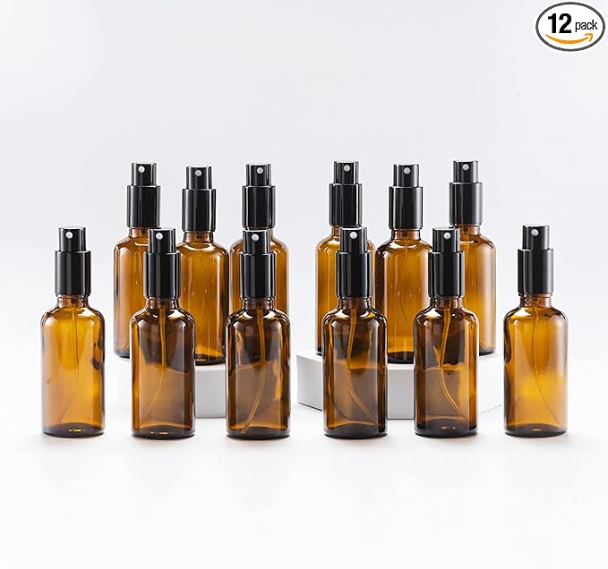 YIZHAO Amber Glass Spray Bottles 2oz, with Small Fine Mist Spray, Metal Cap, Refillable for Essential Oil,Travel,Cleaning,Perfume,Aromatherapy,Makeup – 12 Pcs
