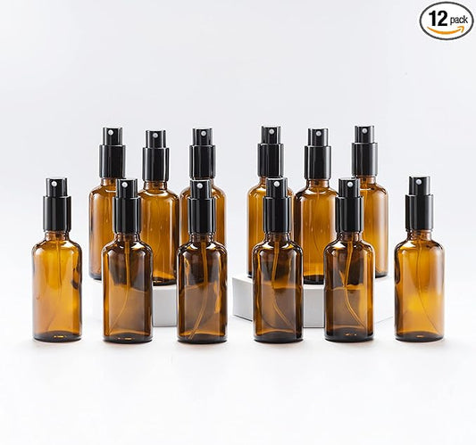 YIZHAO Amber Glass Spray Bottles 2oz, with Small Fine Mist Spray, Metal Cap, Refillable for Essential Oil,Travel,Cleaning,Perfume,Aromatherapy,Makeup – 12 Pcs