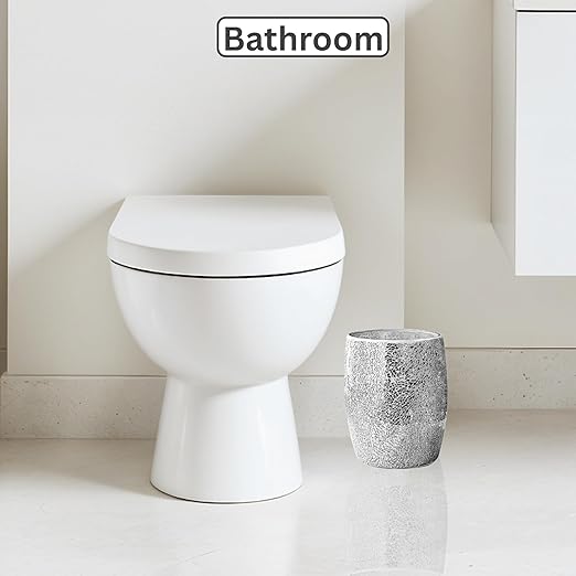 Escenzy Modern Bathroom Trash Can Silver Mosaic Glass 5L | 7" x 10" | Luxury Waste Basket for Restroom, Bedroom, Office & Kitchen | Decorative Small Garbage Can | Silver Glitter Bathroom Accessories