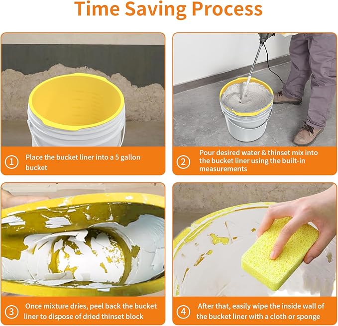 5 Gallon Silicone Bucket Liner - Reusable Measuring Mixing Liner for Concrete, Mortar, Grout, Paint - Food Grade Non-Stick with Measurement Marks - Easy to Clean & Durable (Yellow)