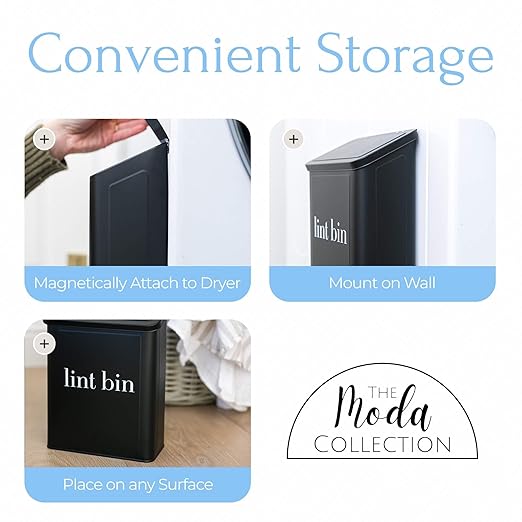 Magnetic Lint Bin for Laundry Room Organization and Storage, Includes Magnetic Hook & Lint Brush, Wall-Mounted Laundry Dryer Bin for Laundry Room Decor, Space-Saving Trash Can (Matte Black)