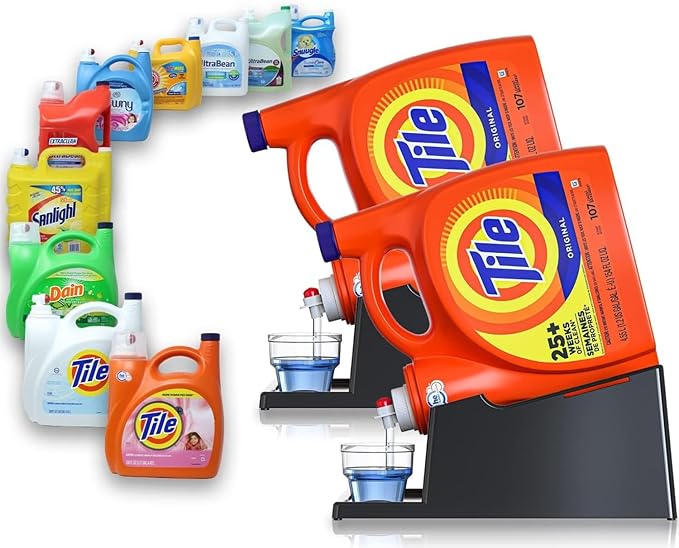 TidyFriend 2 Pack Liquid Laundry Detergent Holder Stand with Drip Tray & Rubber-Grip Feet, Stand for Laundry Room Organization and Storage, Fabric Softener Dispenser with Cup Holder (Black)