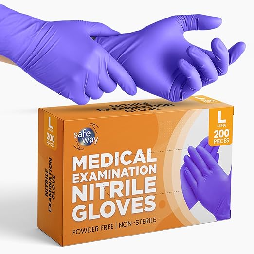 SafeWay Nitrile Gloves, 200 Ct, Large, Powder-Free, Latex-Free, All-Purpose, Professional Disposable Gloves with Textured Fingertips for Medical Use, Food Prep, Cleaning, Tattoo & More
