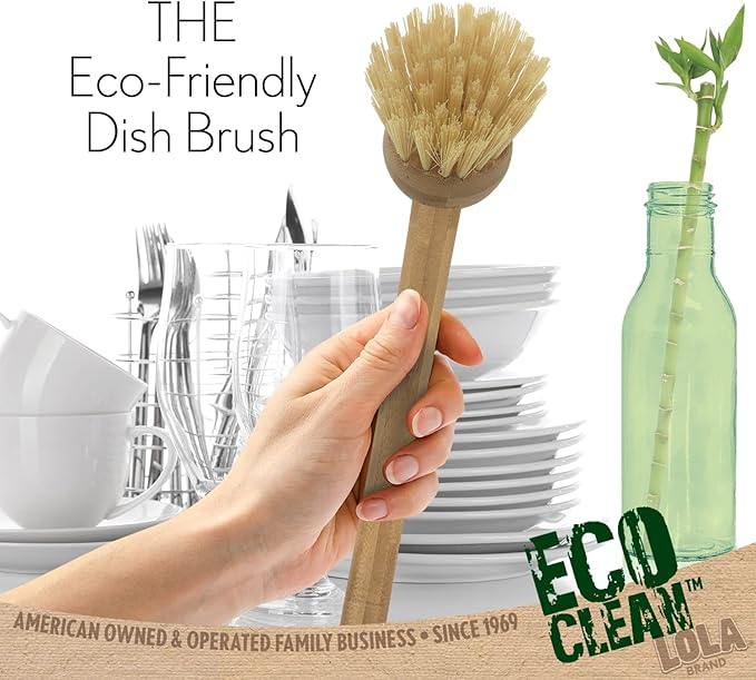 LOLA Eco Clean Bamboo Dish Brush, Multi Purpose, Sustainable Ergonomic Renewable Bamboo Handle, Fibers are Recycled Soda/Water Bottles - 1 CT