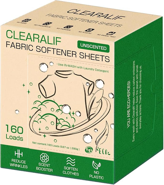 CLEARALIF laundry Fabric Softener Sheets, Unscented, 160 Loads, Eco Friendly, Great For Travel, Apartments, Dorms.