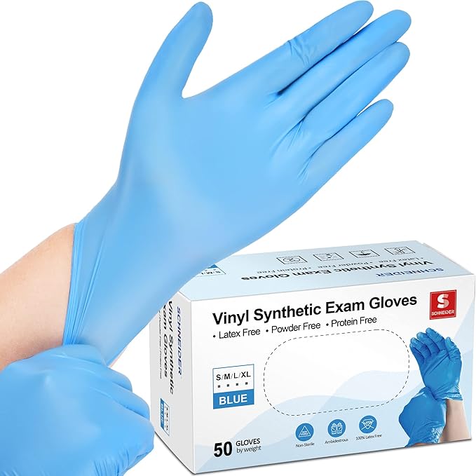 Schneider Vinyl Synthetic Exam Gloves, 4 Mil, Latex Free Disposable Gloves for Medical, Cooking, Cleaning, and Food Prep