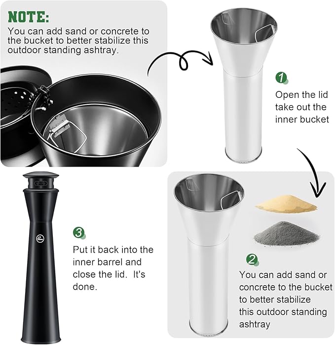 Steel Ash Receptacle Outdoor Trash Can with Lid, 43" Height, Black, Standing Ash Bin with Removable Inner Bucket Vertical Trash Container for Outside Home Backyard Patio Office Hotel