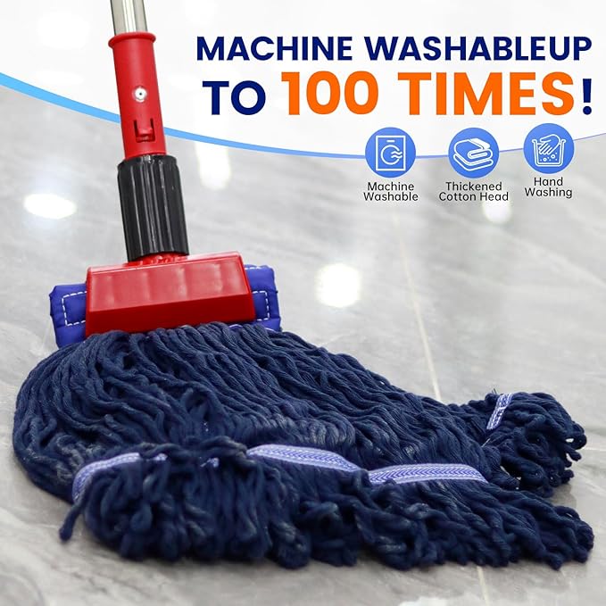 Heavy Duty Commercial Mop with 77inch Long Handle, Looped-End String Wet Mop with 2 Heads for Home, Garage, Office Floor Cleaning (Blue-Orange)
