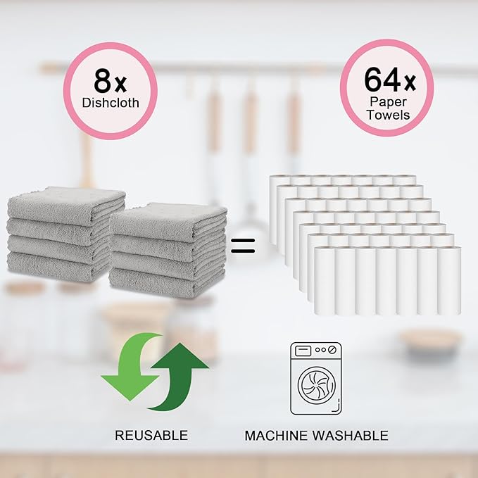 kimteny Kitchen Cloth Dish Towels, 13x28 Inches Premium Dishcloths, Super Absorbent Coral Velvet Microfiber Cleaning Cloths, Fast Drying Rags for Washing Dishes (13x28-8 Pack, Grey)