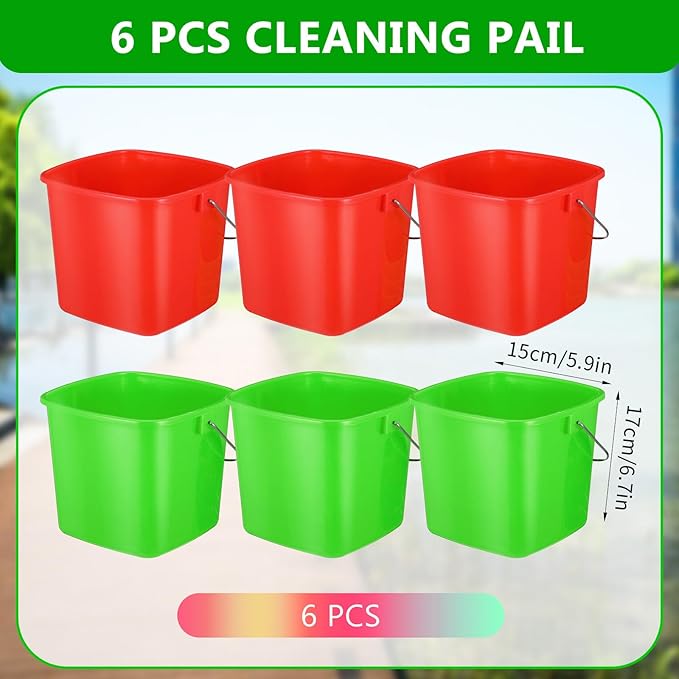 6 Pcs 3 Quart Cleaning Bucket Small Square Bucket Detergent Pail for Home Commercial Restaurant Kitchen Office School (Green, Red)